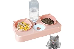DOEPEBAE Water and Food Bowls Cat, 3 in 1 Automatic Cat Water Dispenser Cat Food Dispenser Pet Bowls Set 0-8°Adjustable Tilted Set Water and Food Bowl Set Perfect Feeding Bowls for Cats and Small Dogs (Pink)