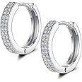 Small Silver Hoop Earrings for Women Men | Sterling Silver Earring Post Double-row Cz Cubic Zirconia Pave Hinged Huggie Hoops Cartilage Helix Earrings, Piercings Jewelry (8/10/12mm)