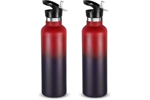 Volhoply Butelka na napoje ze stali nierdzewnej, 750 ml, dwa opakowania, z podwójnymi ściankami, izolowana próżniowo butelka termiczna ze słomką, metalowy kubek termiczny dla dzieci, do uprawiania