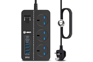 IBLOCKCUBE OFFICIAL USB C Extension Lead iBlockCube with 6 USB Slots (2USBC+4USB) 20W | 13A UK Surge Protected Power Strip Charging Station 2M/6.56FT Cable Fuse Protector & Shutter (Black-Grey)