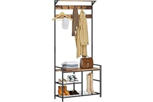 Leader Accessories Hallway Coat Stand Industrial Coat Rack free standing Hall Tree with Shoe Bench 9 Hooks Metal Frame 33"x12"x71.5"(L/W/H) Rustic Brown