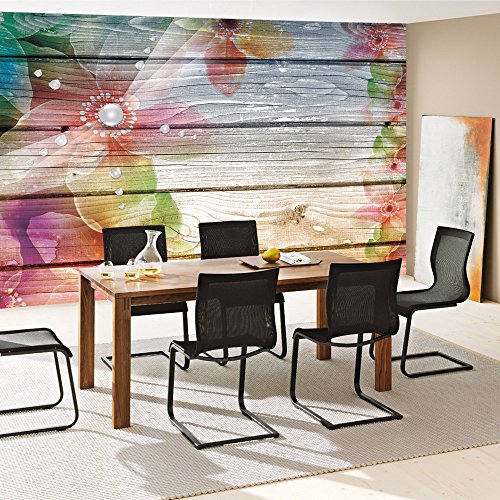 Vlies Fototapete 312x219cm PREMIUM PLUS Wand Foto Tapete Wand Bild Vliestapete – Holz Tapete Holzoptik Blumen Blüten Punkte bunt – no. 2296 - 7