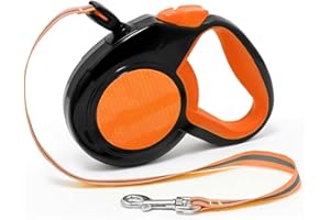 Xcdhemde® 8m Correa Perro Extensible, Correa con Mosquetones Metálicos de 360°, Asa Ergonómica de Goma, Freno Retráctil，para Entrenamiento de Mascotas, Naranja y Negro, para Perros de hasta 30kg