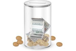 ONPERPOE Money Box Acrylic Money Tin Transparent Money Savings Box with Lid Cylinder Clear Money Box Piggy Bank for Adults or Kids Money Saving Tin (Transparent lid)