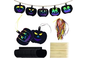 Aviski Lot de 60 citrouilles d'halloween en Papier à gratter aux Couleurs de l'arc-en-Ciel, décorations d'halloween à Suspendre avec bâton en Bois et Ruban pour Enfants
