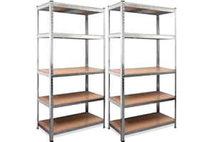 MEGASHOPITALIA Scaffale (2 pezzi) Mensola Scaffali Scaffalatura Metallo Zincato 5 Ripiani L90xP40xH180 cm Legno MAX 875KG (Argento)