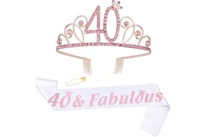 ruggito 40th Birthday Costume Set For Women,Include 40th White Satin Sash,Birthday Crown Tiara and Round Brooch Clip Pin for 40th Birthday Party Decorations