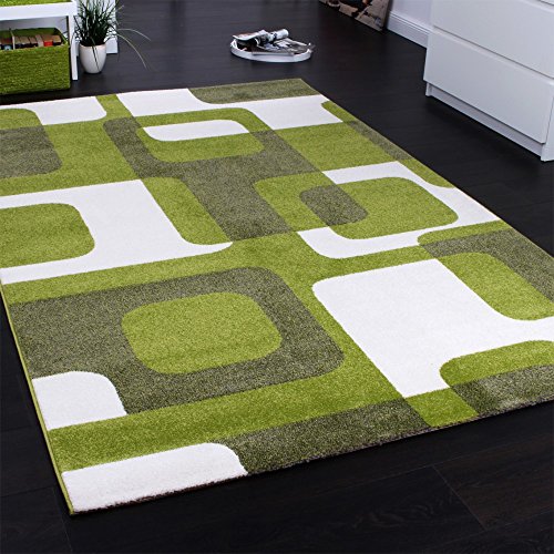 Designer Teppich Trendiger Retro Teppich Kurzflor Webteppich in Grün Grau Creme, Grösse:70×140 cm - 2