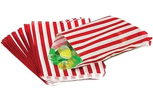 IBEX MART 100 Candy Stripe Bags, Recyclable Red Striped Sweet Bags Sweets Candies Cookies Wedding Buffet, Paper Sweet Bags For Cake Party Gift Shop, 5" x 7"