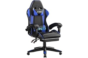 bigzzia Gaming chair with massage function, ergonomic gamer chair with footrest, headrest, lumbar cushion, height adjustment, tilt 90°-155°, gaming chair for gaming, work, relaxation (Blue)