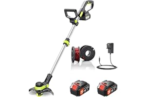 JWDJ FY9099 21V Cordless Grass Trimmer with 2 Coils And Charger 90° Head Pivots 2-in-1 Grass Trimmer/Edger for Edge Lawns And Agricultural Land, DIY Garden, Lawn Care (Green)