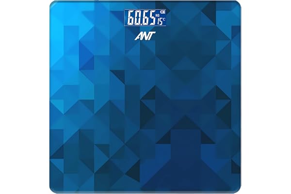 ANT HexaLite Digital Bathroom Scale Smart Glass Body Weight Machine with LED Display, High Accuracy, Compact Tech Pattern Design, 180Kg Capacity Blue