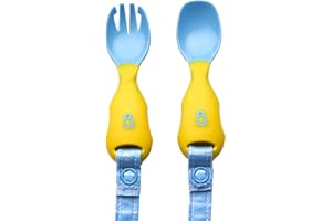 BIBaDO - Handi Toddler Cutlery Set, Food Safe Baby Cutlery, Toddler Fork and Spoon Set, Toddler Eating Utensils for Babies 6 Months and Up, Also Attaches to BIBaDO Coverall Bib - Ducklings Pool Party