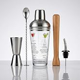 Kokteyl Shaker Seti, Cam G&ouml;vdeli, Paslanmaz &Ccedil;elik Kapaklı, &Ouml;l&ccedil;ekli, Ahşap Muddler, Jigger ve Lik&ouml;r D&ouml;k&uuml;m Ucu Dahil