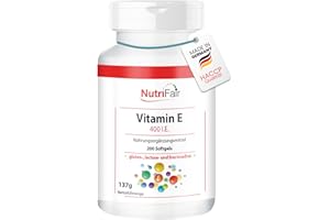 ‎NUTRIFAIR Vitamin E 400 I.E. - mit 268mg Vitamin E pro Softgel - 200 Softgels - Hochdosiert - Deutsche Produktion & Laborprüfung - NutriFair | Premium & Fair