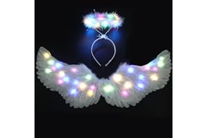 Ptesuply Engelsflügel, beleuchtete Engelsflügel und Heiligenschein mit LED-Lichtern – 3 Leuchtmodi, weißer Engel, Halloween, Kostüm, Weihnachten, Cosplay, Party (bunt licht-groß)