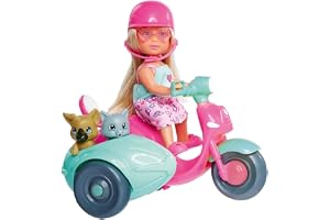 Simba 105733566 - Evi LOVE Scooter Vänner - Evi tar Med Sin Katt och Hund, i Sidvagnen på Sin Scooter Moped, inkl. Hjälm och