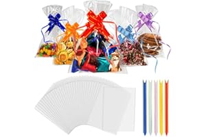Recon Up Cellophane Bags, Cookie Bags With Colorful Pull Bows, Clear Gift Bags For Food Storage, Flat Sweet Bags For Gifts On Special Occasions (6x10 Inch (Pack of 100))