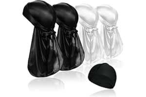SAMSEROT 4 Pcs Silky Durag Caps Headwraps with Long Tail and 1 Piece Silk Wave Cap Perfect for Men 360 Waves