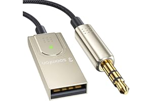 Récepteur Bluetooth 5.1 Voiture - SOOMFON Prise Jack 3,5mm USB Adaptateur Audio sans Fil Bluetooth avec Microphone intégré, Faible Latence, Plug et Play pour la Voiture, Diffusion de Musique (Argent)