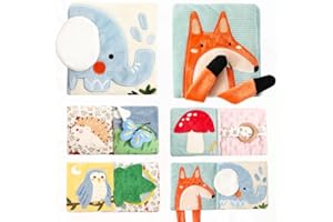 WOODEN TEETHER Babybuch Stoffbuch mit Spiegel, Baby Spielzeug 0-6 Monate Sensorisches Buch - Interaktive Fühlbuch Knisterbuch Babyspielzeug Geschenke für Neugeborene - Elefanten