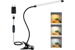 Akynite 8W Schreibtischlampe Klemmbar Schwarz, Adapter Enthalten, USB Klemmlampe mit Kabel, 3 Farbwechsel & 10 Helligkeit, Leselampe Bett Klemme, Flexibel Schwanenhals Lampe Klemmleuchte