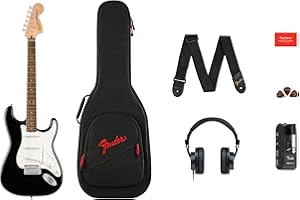 Squier by Fender Affinity Series™ Stratocaster® E-Gitarre & Mustang™ Micro Pack in Schwarz. Inklusive Gigbag, Gurt, Kopfhörer, Plektren und einem kostenlosen 3-Monats-Abonnement für Fender Play