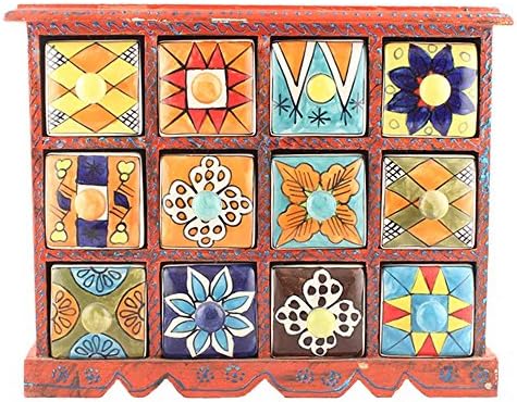 IndianShelf Handmade Wooden Ceramic Spice Organizer Container Seasoning Masala Rack Traditional Jewellery Utility Dry Fruits Box Designer Unique Gift Item SB-819