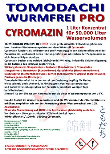 Wurmmittel Fische, Parasitenmittel Koi – wurmfrei, karpfenlausfrei, Parasitenbekämpfung mit Cyromazin – beseitigt schonend, dauerhaft und nachhaltig Würmer und andere Parasiten im Koiteich und am Koi. Tomodachi Wurmfrei Pro 1L Cyromazin Konzentrat ausreichend für 50.000L Teichwasser - 2