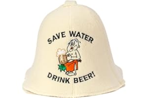 ‎NATURAL TEXTILE Natural Textile Saunahut 'Drink Beer' White - 100% organische Wollfilzmützen - Schützen Sie Ihren Kopf vor Hitze - Englische Sauna E-Book Handbuch inklusiv - mit Stickerei