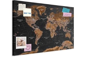 murando - Tableau à Épingles et Peinture sur Toile Combinés 90x60 cm - Avec Crochets Clous et Punaises Argentées - Panneau en Fibres pour Notes et Affichage - Carte du monde k-A-0206-v-a