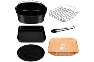 JONZZY Kit de 6 Accesorios para Freidora sin Aceite COSORI 5,5L - 50 pcs de Papel para Airfryer - Incluye todos los Utensilios necesarios como Pinzas, Molde De Silicona para freidora y Bandeja Llana y Honda