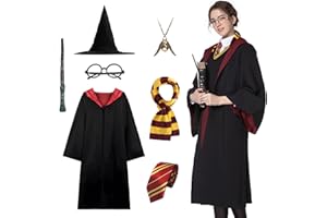 Alaiyaky Wizard Costume Suit for Kids Adults, 7Pcs Wizard Fancy Dress Halloween Costume Wizard Robe with Wizard Hat Scarf Wand Glasses Tie Necklace, World Book Day Costumes for Boys Girls