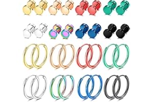 Diamday 16 Paires Boucles d'Oreilles Set pour Femmes Hommes Acier Inoxydable Cerceaux Huggie Boucles d'Oreilles Faux Plugs Guages Boucles d'Oreilles Piercing Bijoux 8/10/12MM