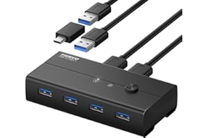 FIDECO USB 3.2 Gen 1 Switch, Aluminium USB KM Switch mit 5Gbps Geschwindigkeit, USB Switch 2PC mit 2 Eingänge 4 Ausgänge für Maus, Tastatur, Scanner und Drucker, USB Stick