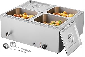VEVOR kommerzieller Speisenwärmer (4 x 1/2 Größe Behälter), 1,5 kW elektrischer Wärmebehälter aus Edelstahl mit Abdeckung & Suppenkelle, Chafing Dishes für Catering Restaurant Party