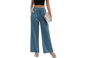 Niwicee Pantalon Fluide Femme Été Large en Lin Mélangé Été Coton Taille Haute Élastique Ample Décontracté avec Cordon Printemps Pantalon Droit