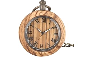 Joielavie Montre de Poche en Bois Classique Vintage Ouverte Chiffre Romain Quartz Chaîne Alliage Montre de Gousset sans Couvercle pour Homme Femme
