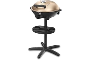 SUNTEC WELLNESS Barbacoa eléctrica SUNTEC BBQ-9479 | Uso exterior como barbacoa de sobremesa o con pie | Barbacoa para balcón, terraza, jardín y camping | Cocción eléctrica con máx. 2400 vatios | Tapa dorada