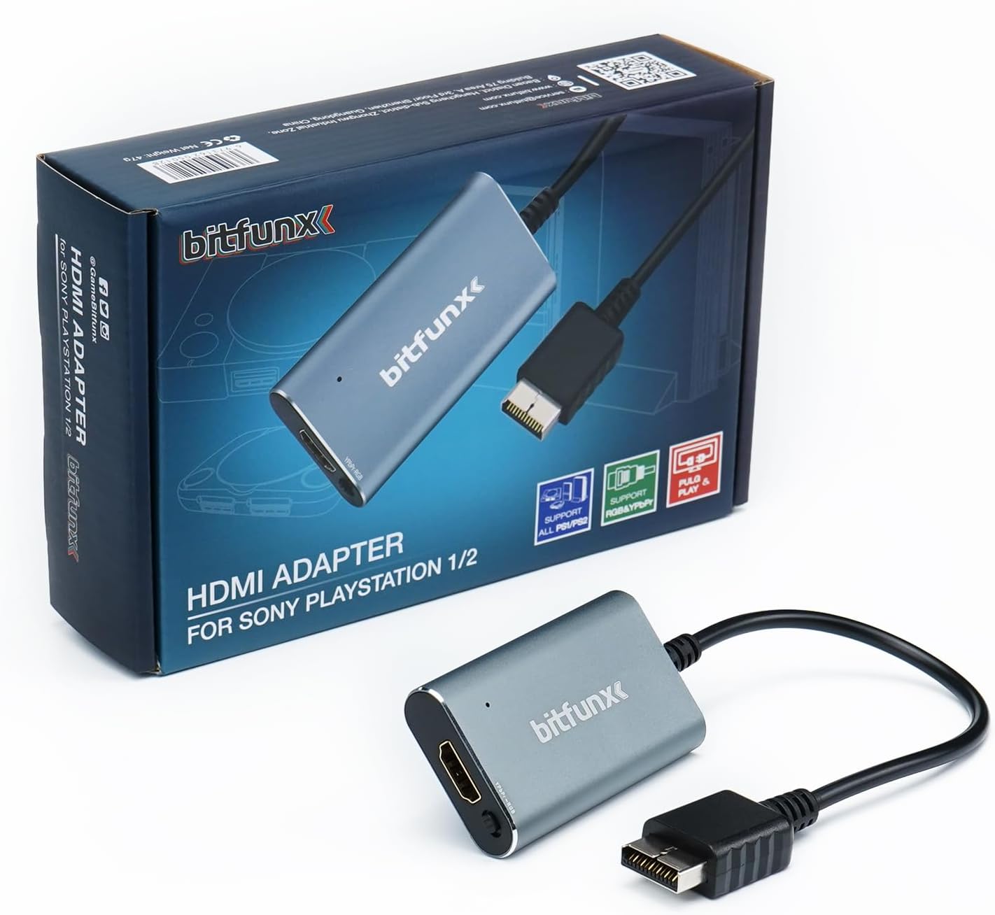 BITFUNX Adaptador HDMI PS2/PS1/PS One - Interruptor RGB integrado a componente, soporta RGB/Componente a HDMI 1080P, adaptador de videojuegos Plug & Play