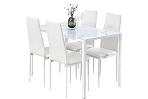 TRESBIEN Dining Table and Chairs Set 4, Modern Marble Effect Glass Dining Table and 4 Faux Leather Chairs