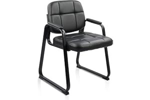 CLATINA Guest Waiting Reception Chair with Bonded Leather Thick Cushion and Padded Arm Rest, Sled Base Stationary Desk Chairs for Office Home Conference Meeting Lobby Hall Side Break Room, Black