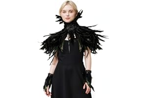 WELLCHY Federkragen Schwarz Damen, Schwarzer Natürlicher Feder Cape, Black Swan Kostüm mit Feder Achselzucken und Feder Manschetten für Karneval, Gotische Kleiderparty (B)