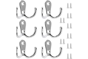 Hiyouer 6 PCS Dual Coat Door Hooks, Double Prong Wall Mounted Hooks with 16 PCS Screws for Hanging Hat Tie Clothes Towel Metal Retro Cloth, Chrome Hanger for Bedroom Bathroom Kitchen,Silver