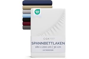 ‎CGK UNLIMITED Spannbettlaken 180x200 cm - Für Matratzen bis 30 cm Höhe (12") - Weiche, gebürstete Mikrofaser - Knitterfrei, Schrumpf- und Farbbeständig - Oeko-TEX Zertifiziert - Weiß - Premium Bettlaken