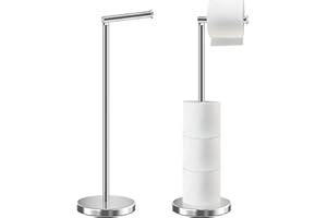 HOMEZI Toilet Roll Holder Free Standing with HEAVY BASE, Premium Toilet Roll Stand, Stainless Steel loo roll holder for Bathroom 2 in 1 Holder and Storage for 5 Rolls - Chrome