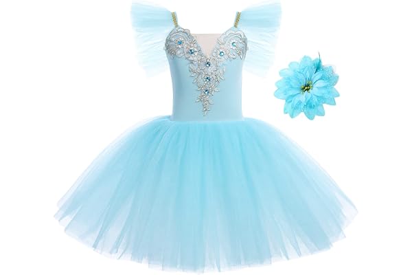 OBEEII Fille Robe de Ballet Paillettes Broderies Ballet Tutu Justaucorps Danse Classique Gymnastique Léotard Costume avec Pince à Cheveux 4-14A