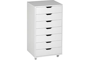 Vinsetto Caisson Bureau Mobile avec 7 tiroirs, Meuble Rangement Bureau sur roulettes pour Documents et imprimante, Caisson de Rangement pour Travail ou Chambre, 47,5 x 39,5 x 90 cm, Blanc