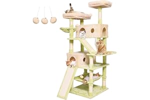JISSBON Cat Tower Cats Tree 178cm, Multi Level Cat Scratching Post with Condos, Ladders, Basket, Hammock & Plush Perches for Kittens, Large Cats, Green