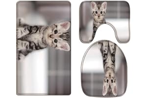 A.Monamour Set Tappeti Bagno 3 Pezzi Completo Simpatico Gattino Grigio Gatto Ritratto Animale Antiscivolo Morbidi Assorbente Lavabile Tappetini per Il Bagno WC Bidet